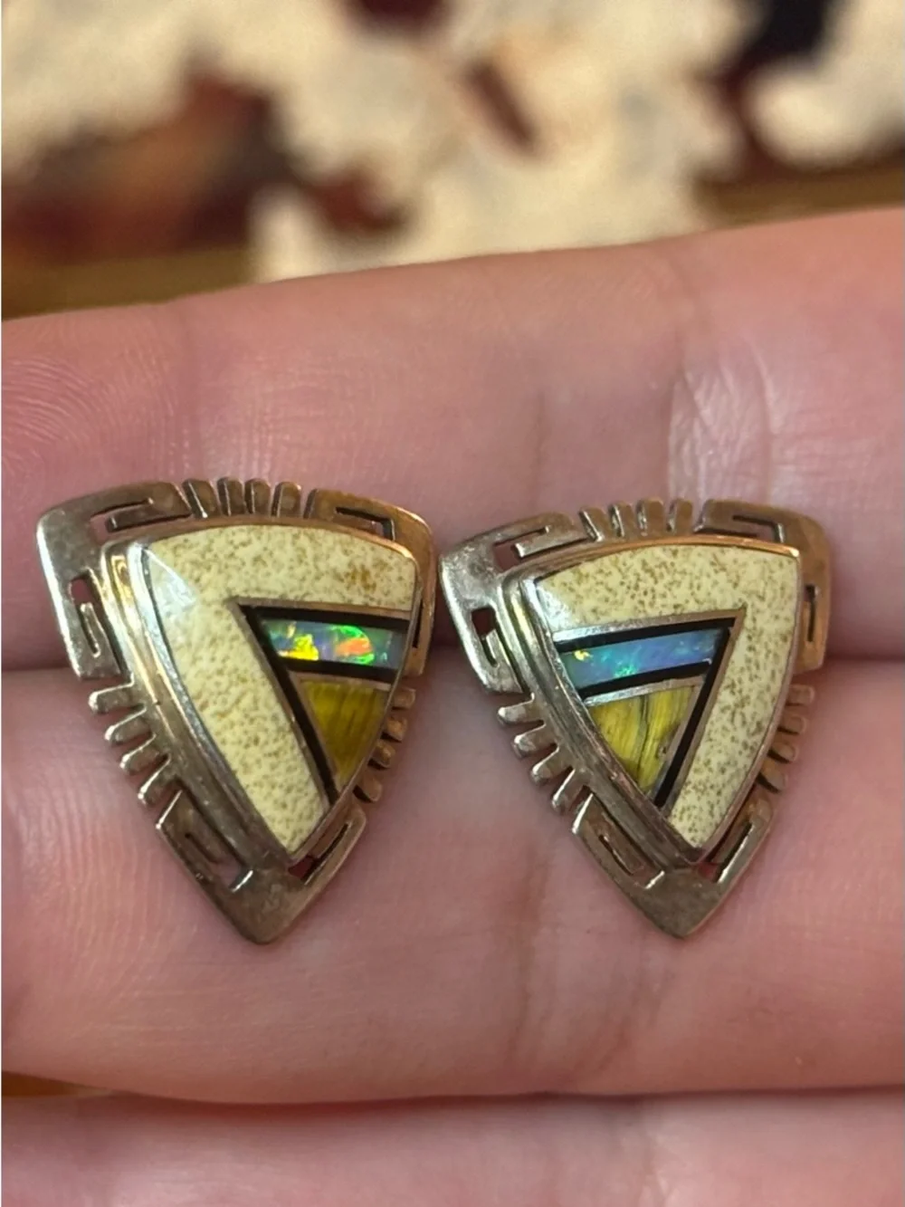 Native American Sterling VTG Inlay Earrings - Picture 3 of 16